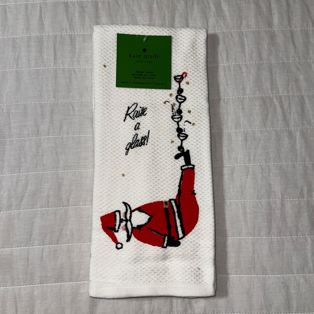 kate spade Jolly Santa Raise a Glass White Gold Red Cotton Kitchen 2 Towel Set